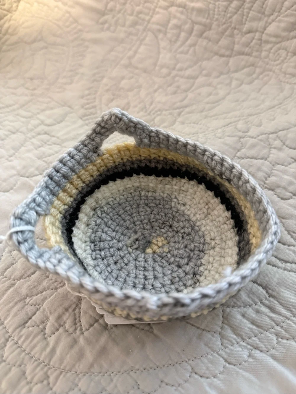 Handmade Crochet Catchall Bowl in Gray and Cream - Small Home Organizer